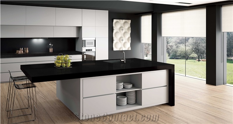Pure Black Artificial Quartz Countertop,Bench Top, Artificial Stone Kitchen Tops
