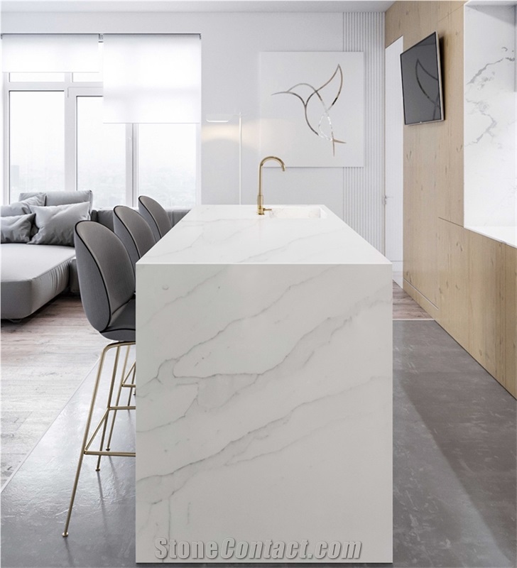 White Quartz Prefab Kitchen Countertops Bar Tops