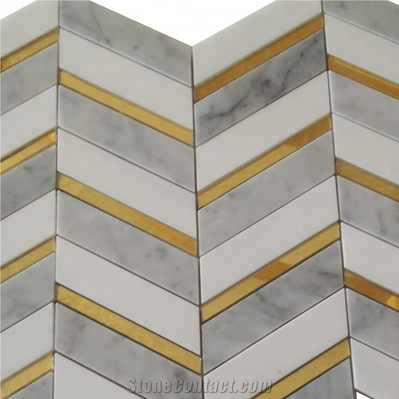 Mixed Carrara Marble Inlay Glass Water-Jet Mosaic Tile