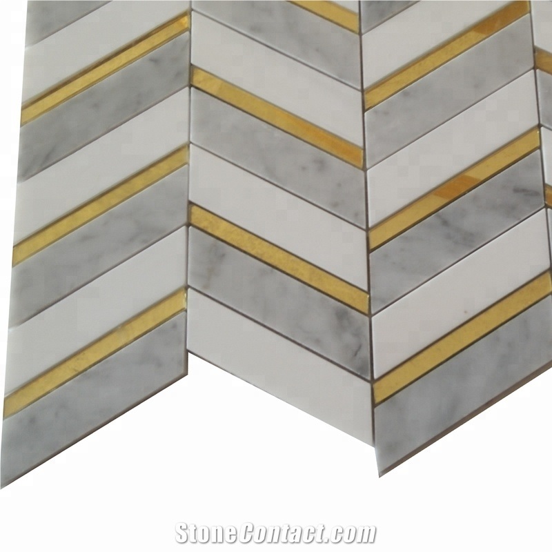 Mixed Carrara Marble Inlay Glass Water-Jet Mosaic Tile