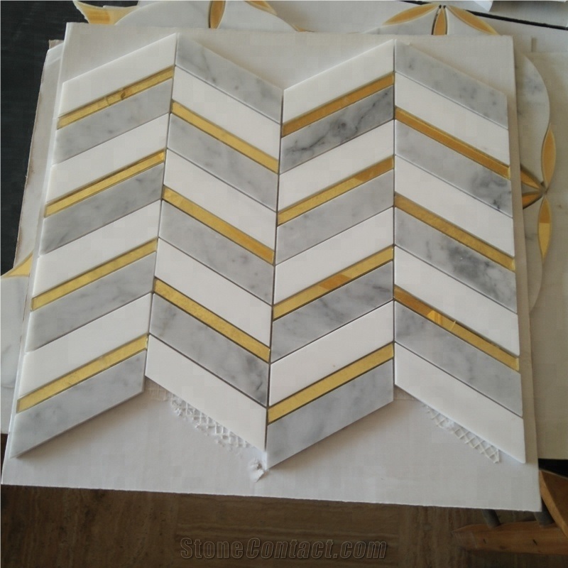 Mixed Carrara Marble Inlay Glass Water-Jet Mosaic Tile