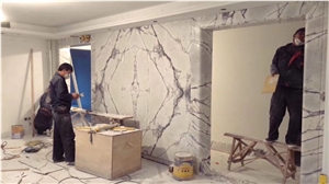 Polished Milas White Lilac Marble Open Book TV Background