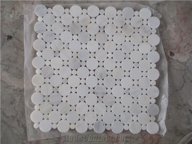 White Circular Penny Round Marble Mosaic Tiles For Kitchen
