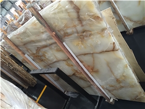 White Onyx Slab Tiles Golden Veins