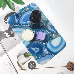 Blue Gemstone Onyx Tray Coasters With Handles Home Decor