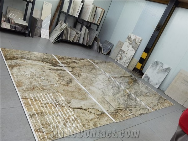 Marble Look Bookmatch Yellow Landscape Painting Marble Tiles