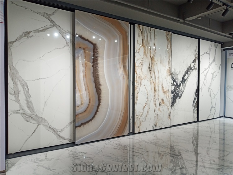 Marble Look Bookmatch Yellow Landscape Painting Marble Tiles