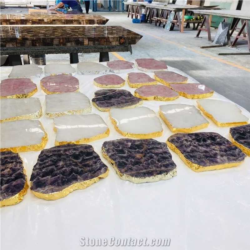 Square/Round Blue Onyx Gemstone Gold Edge Tray Coaster