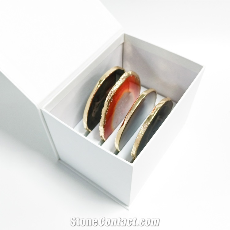 Square/Round Blue Onyx Gemstone Gold Edge Tray Coaster