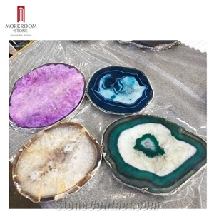 White Blue Pink Agate Rubane With Gold Leaf Slabs & Tiles