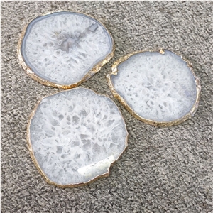 White Blue Pink Agate Rubane With Gold Leaf Slabs & Tiles