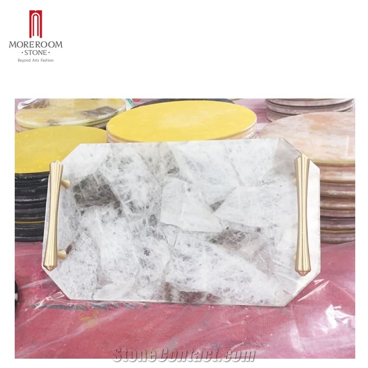 White Gemstone Onyx Marble Tray Coasters With Handles