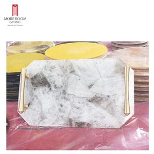 White Gemstone Onyx Marble Tray Coasters With Handles