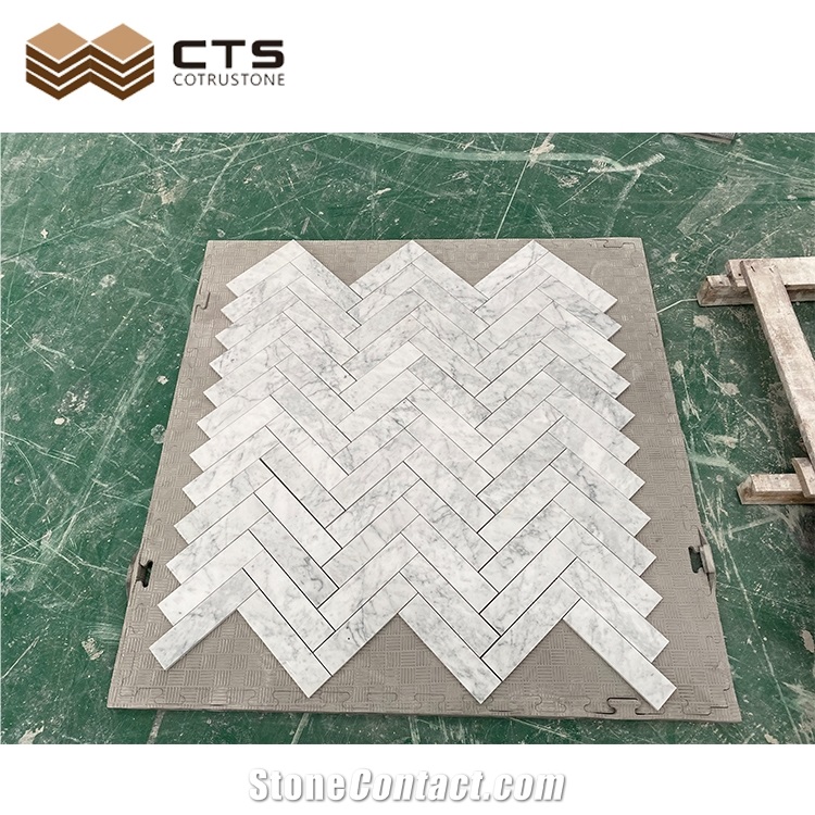 Herringbone Carrara White Marble Mosaic Bathroom Wall Tiles