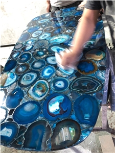 Semiprecious Stone Restaurant Tops Blue Agate Coffee Table