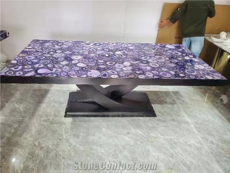Semiprecious Stone Restaurant Tops Blue Agate Coffee Table