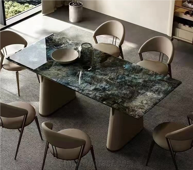 Rotatable Stone Dining Table Interior Labradorite Granite Furniture