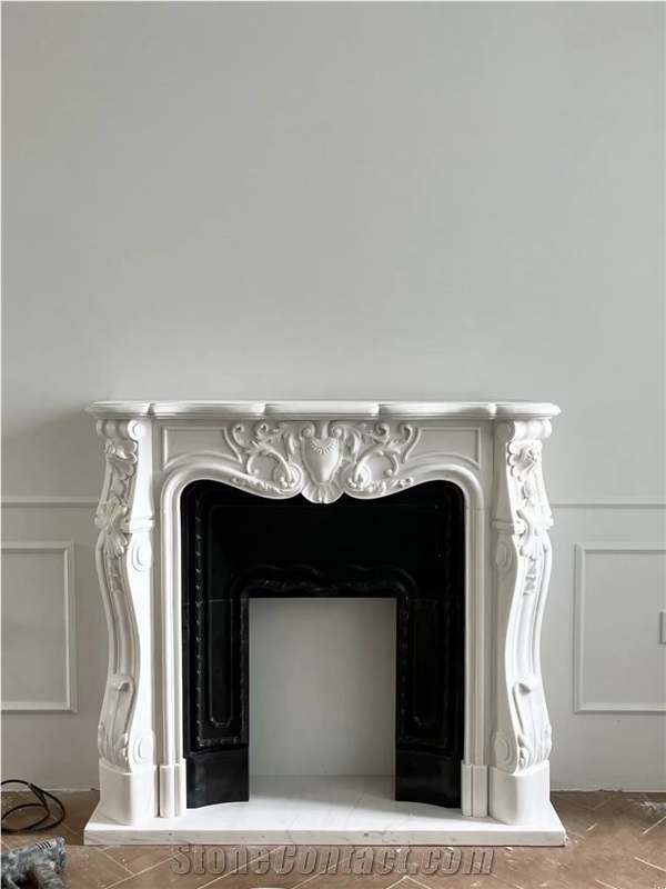 Sculptured Carrara Stone Fireplace Marble Fireplace Mantel