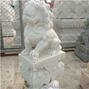 Small Size Traditional Hand Carved White Marble Foo Dog