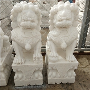Small Size Traditional Hand Carved White Marble Foo Dog