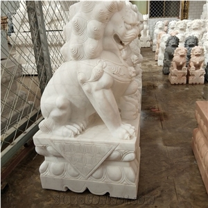 Small Size Traditional Hand Carved White Marble Foo Dog