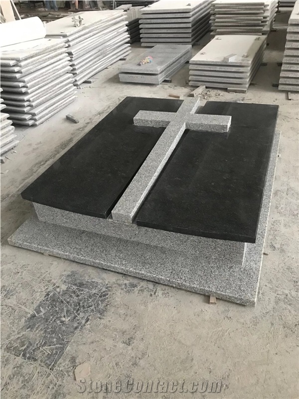 China G654 Original Dark Black Granite Cross Tombstone