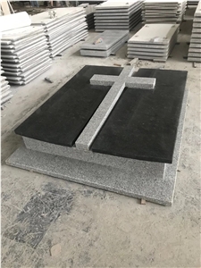 China G654 Original Dark Black Granite Cross Tombstone