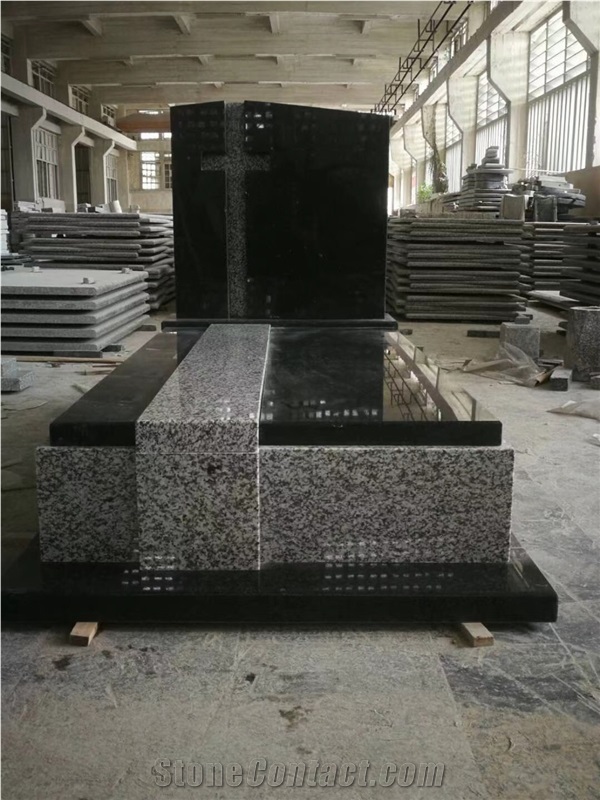 China G654 Original Dark Black Granite Cross Tombstone