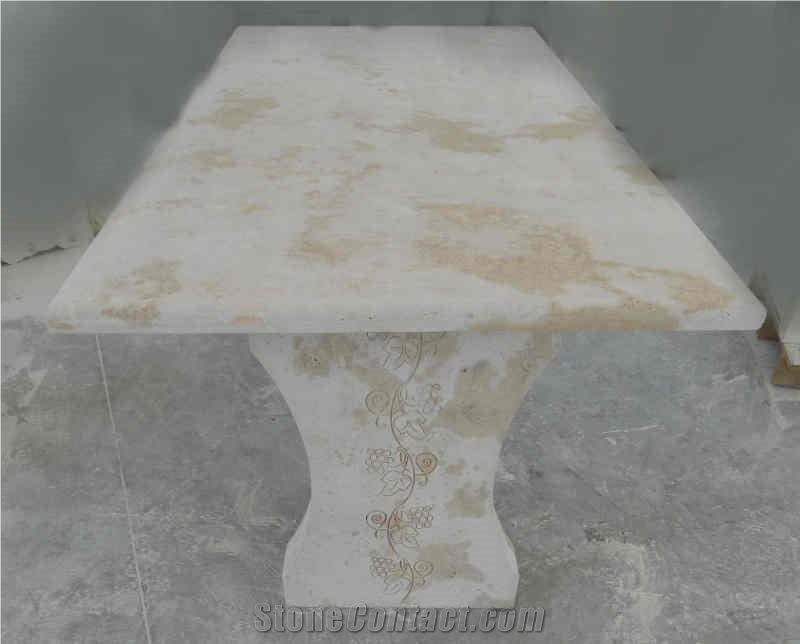 Garden Table In Travertine With Engraving On The Legs