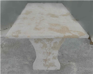 Garden Table In Travertine With Engraving On The Legs Garden Table In Travertine With Engraving On The Legs
