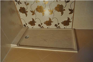 Shower Tray In Antiqued Travertine With Drawing Engraving