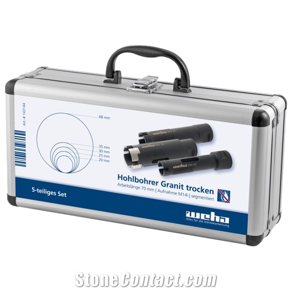 Segmented Dry Core Drill Bits In A Case 5 Items- Diamond Hollow Drillers (Dry Use) For Granite, Sintered