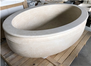Crema Marfil Marble Carved Massive Bathtub