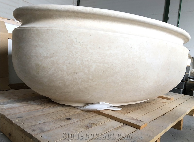 Crema Marfil Marble Carved Massive Bathtub