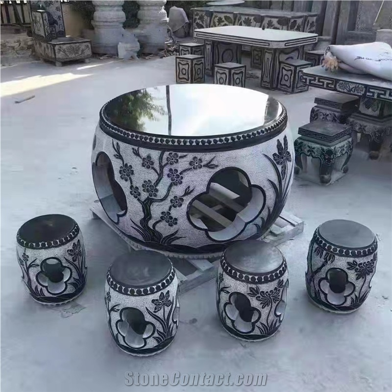 Carving Black Granite Outdoor Table And Bench Set