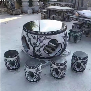 Carving Black Granite Outdoor Table And Bench Set