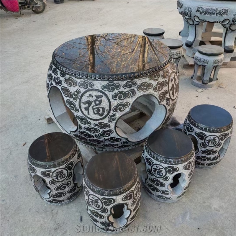 Carving Black Granite Outdoor Table And Bench Set