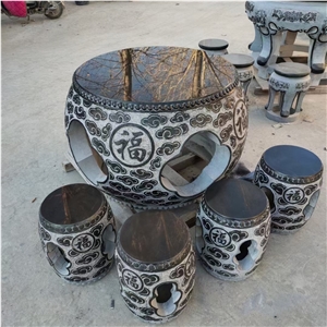 Carving Black Granite Outdoor Table And Bench Set