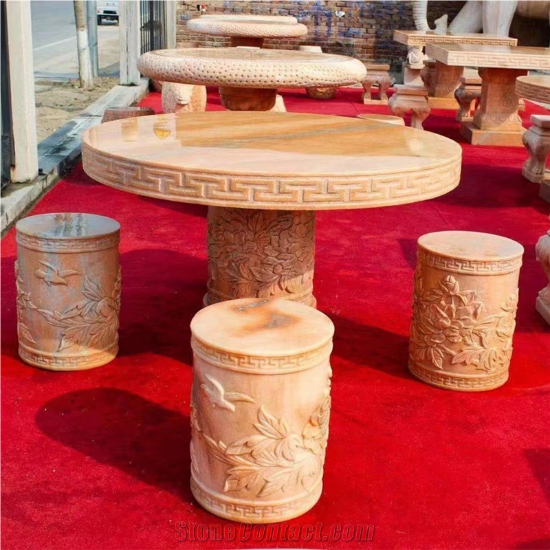 Carving Black Granite Outdoor Table And Bench Set