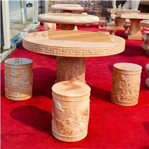 Carving Black Granite Outdoor Table And Bench Set
