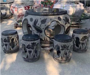 Garden Black Stone Tables And Chairs Hand Carved Flower Fish