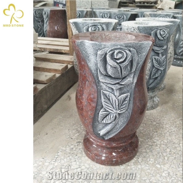 Flower Carved Granite Tombstone Monumental Vase