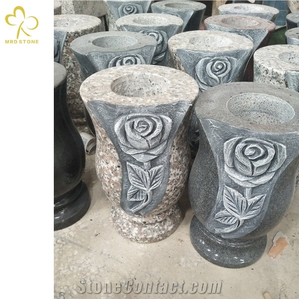 Flower Carved Granite Tombstone Monumental Vase