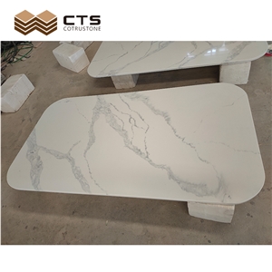 Artificial Quartz Round White Surface Grey Veins Table Top