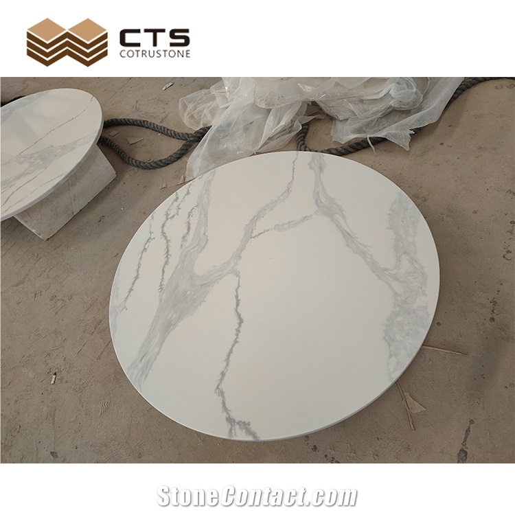 Artificial Quartz Round White Surface Grey Veins Table Top