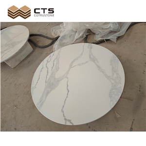 Artificial Quartz Round White Surface Grey Veins Table Top
