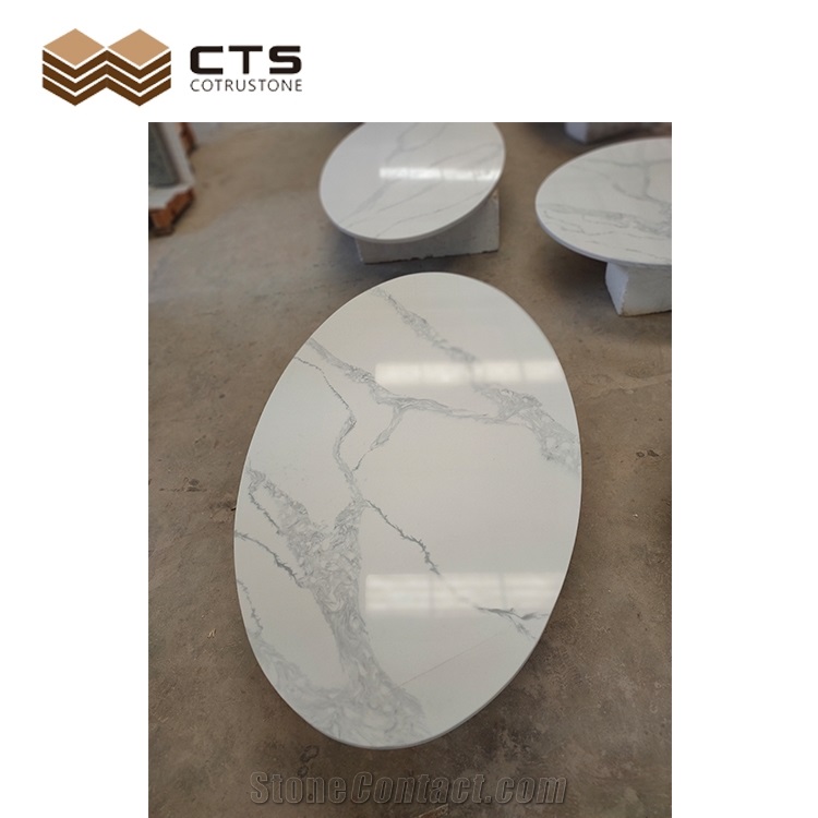 Artificial Quartz Round White Surface Grey Veins Table Top