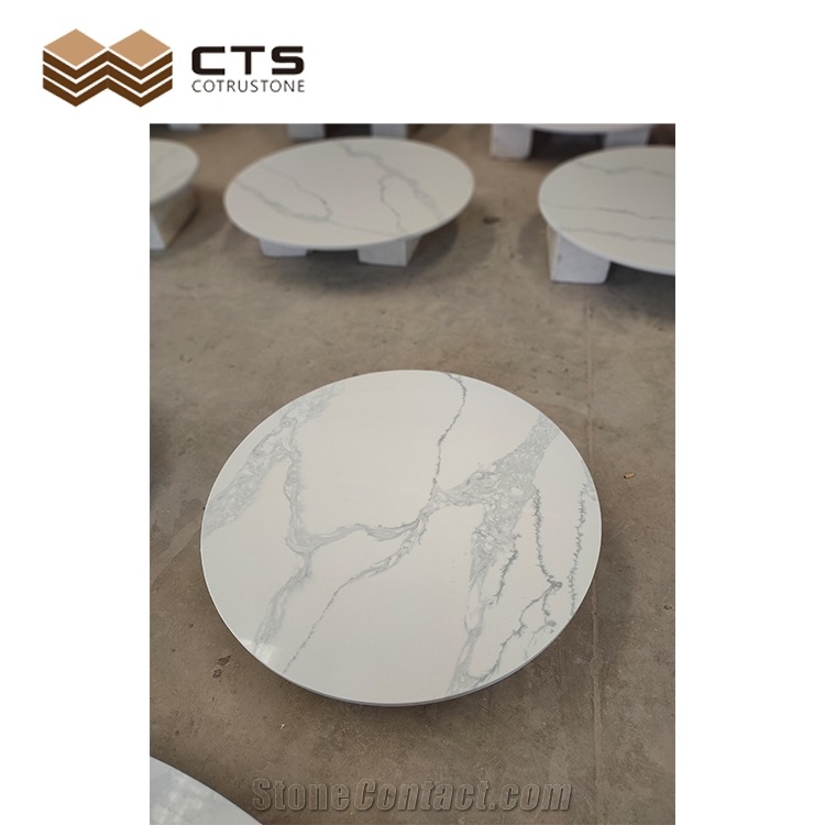 Artificial Quartz Round White Surface Grey Veins Table Top