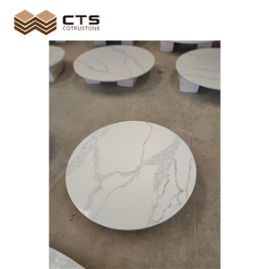 Artificial Quartz Round White Surface Grey Veins Table Top