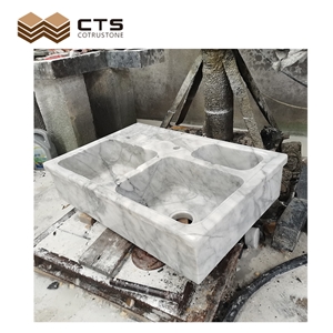 White Marble Grey Veins Rectangle Three Basin Bathroom Sink